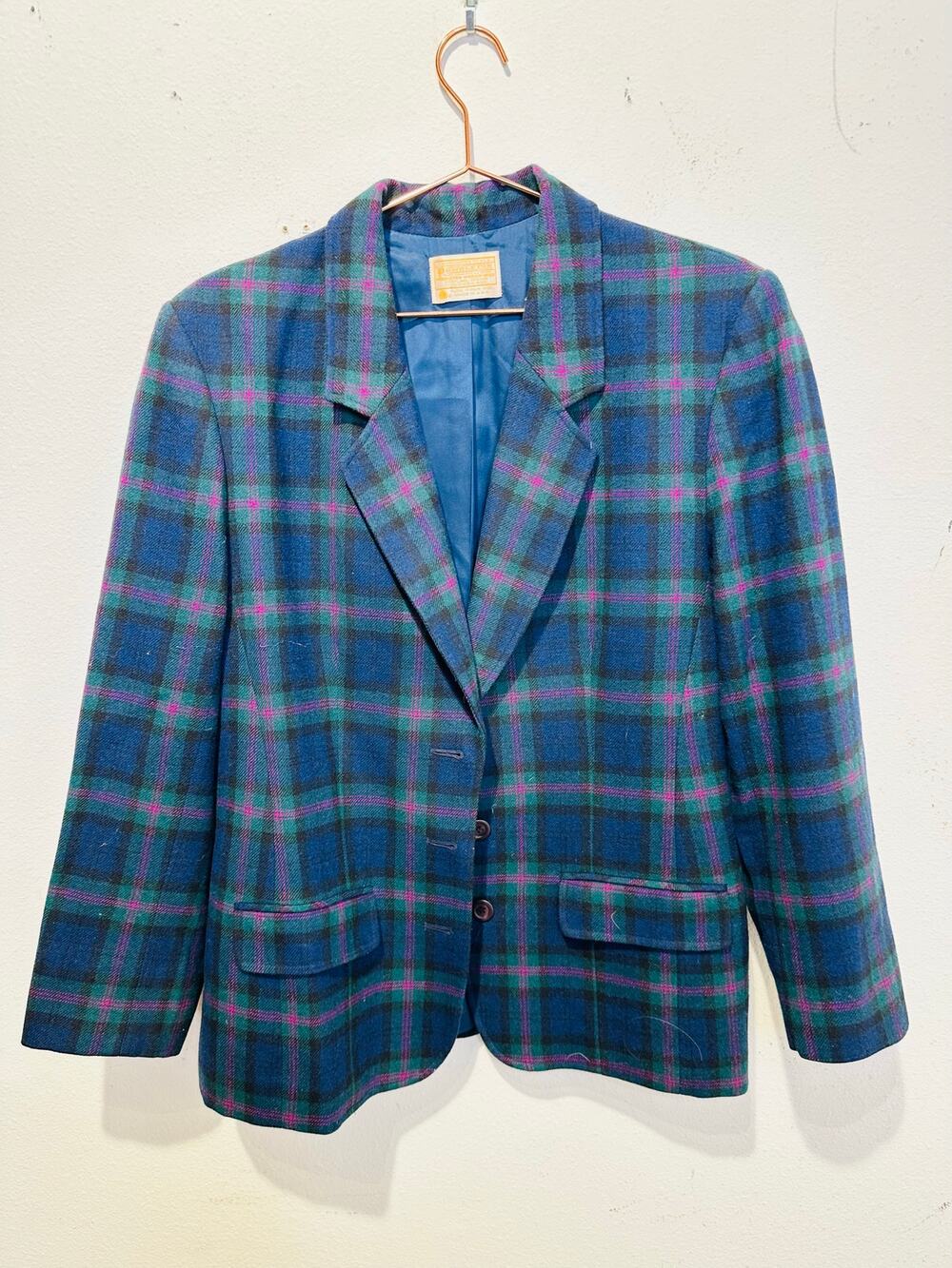 VINTAGE PENDLETON Green Blue Pink Tweed Virgin Wool Blazer Jacket Size 12